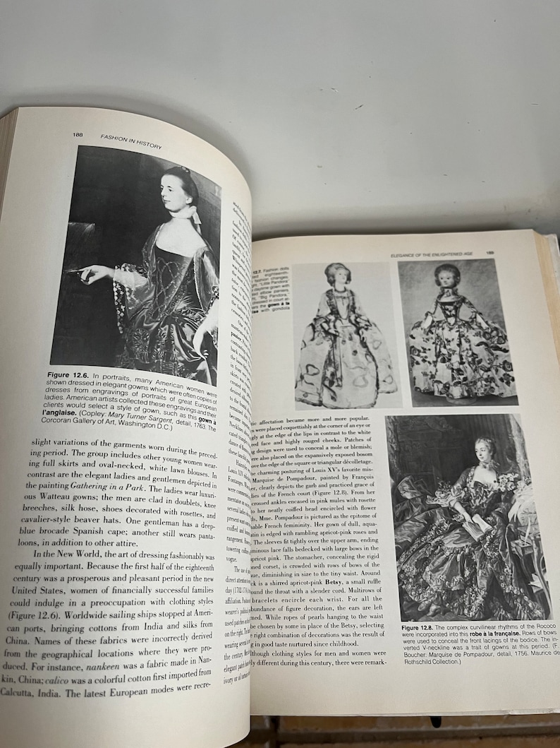 May include: A collection of historical fashion illustrations depicting women in various gowns and dresses. The illustrations showcase the evolution of fashion from the 18th century, highlighting the intricate details and styles of the era.