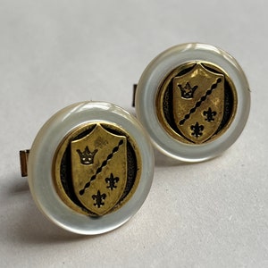 Vintage Brass Coat of Arms Cuff Links: Faux Mother of Pearl