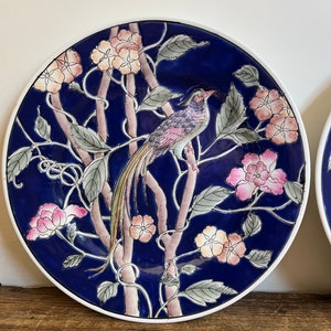 Vintage Macau Porcelain Plate: Hand-Painted Bird and Flowers, Cobalt Blue Decor