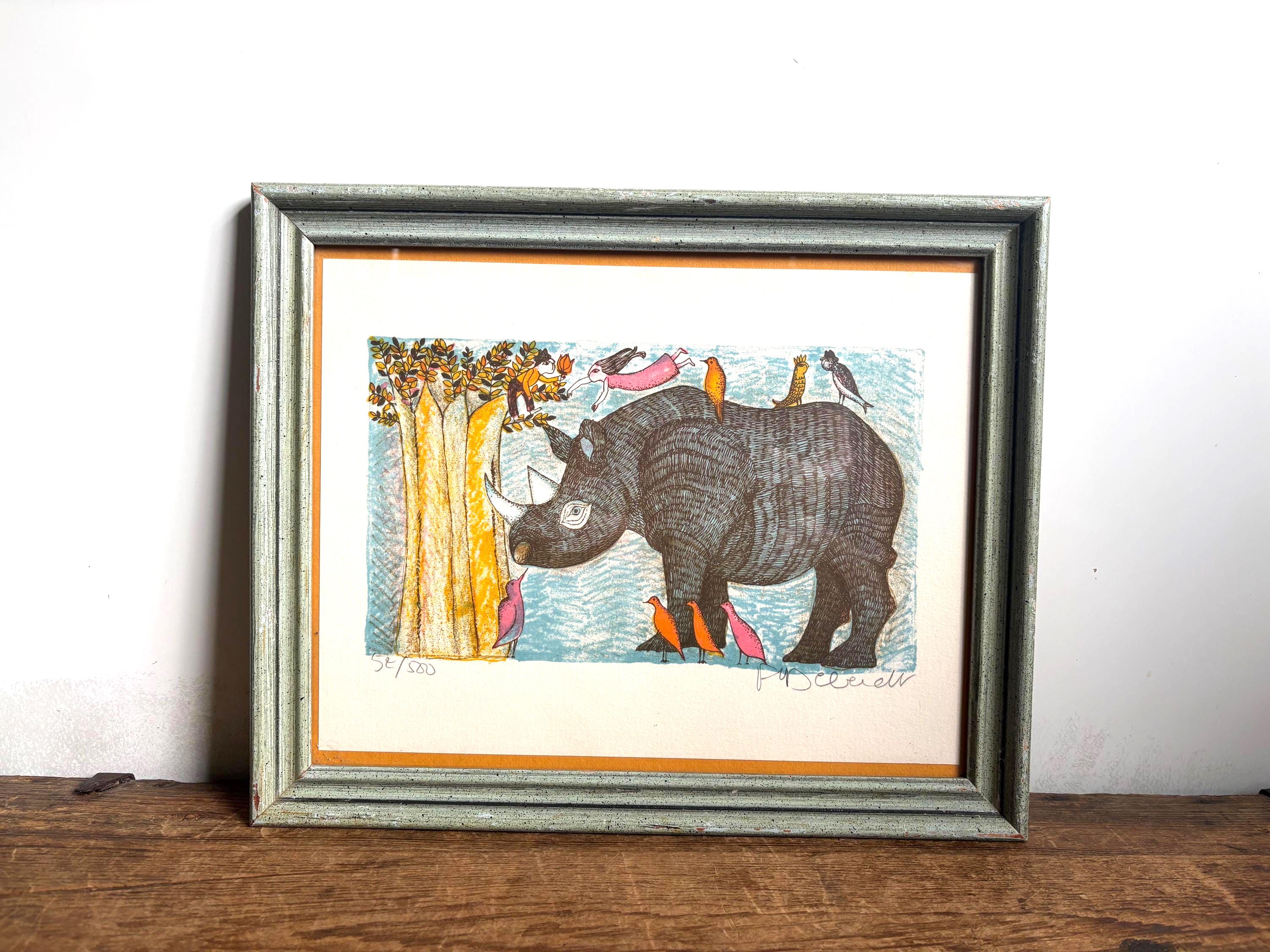 T.Rino様へ♥ Vintage Francoise Deberdt the Rhino Lithograph Circa 1997, Framed