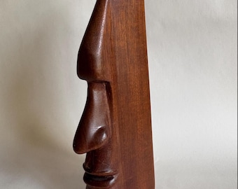 Rostro de madera tallado a mano, estilo minimalista vintage, escultura de perfil abstracto firmada, decoración artística.