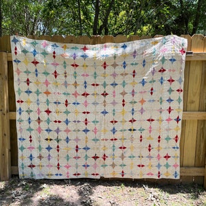 Vintage 1940s Arkansas Snowflake Block Pattern Quilt, Patchwork Block Quilt, Colorful Antique Bedding Blanket, Hand stitched Quilt