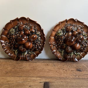 Vintage Inarco Ceramic Relief Fruit Plate Wall Hanging Pair
