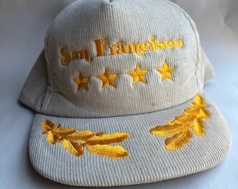 Gorra vintage de pana estilo naval de San Francisco con cierre a presión y estrellas y hojas doradas bordadas