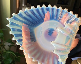 Vintage Scalloped White Carnival Glass Bowl