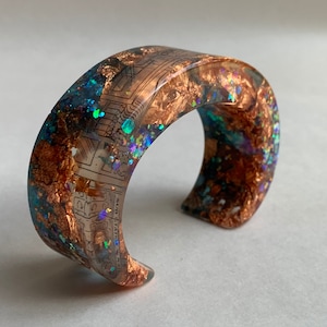 Blue & Purple Iridescent Resin Cuff with Copper and Vintage Paper Bangle Statement Jewelry