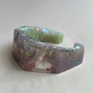 Iridescent Resin Cuff Bracelet: Geometric Lavender, Light Green, Copper Bangle
