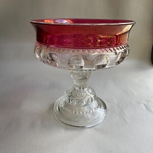 Vintage Indiana Glass Kings Crown Ruby Flash Thumbprint Pedestal Compote Bowl, Cranberry Glass Candy Dish
