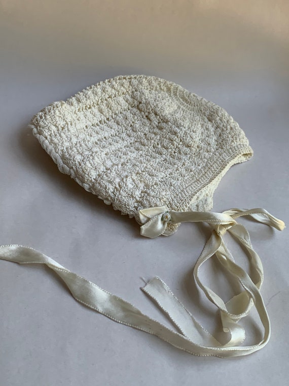 Vintage Off White Corded Crochet Baby Bonnet Hand… - image 3