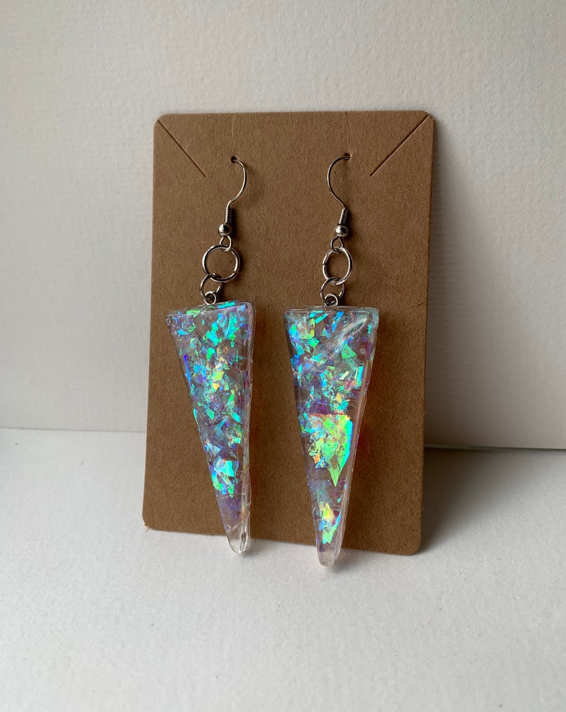 Iridescent Holographic Triangle Resin Dangle Earrings Geometric Jewlery