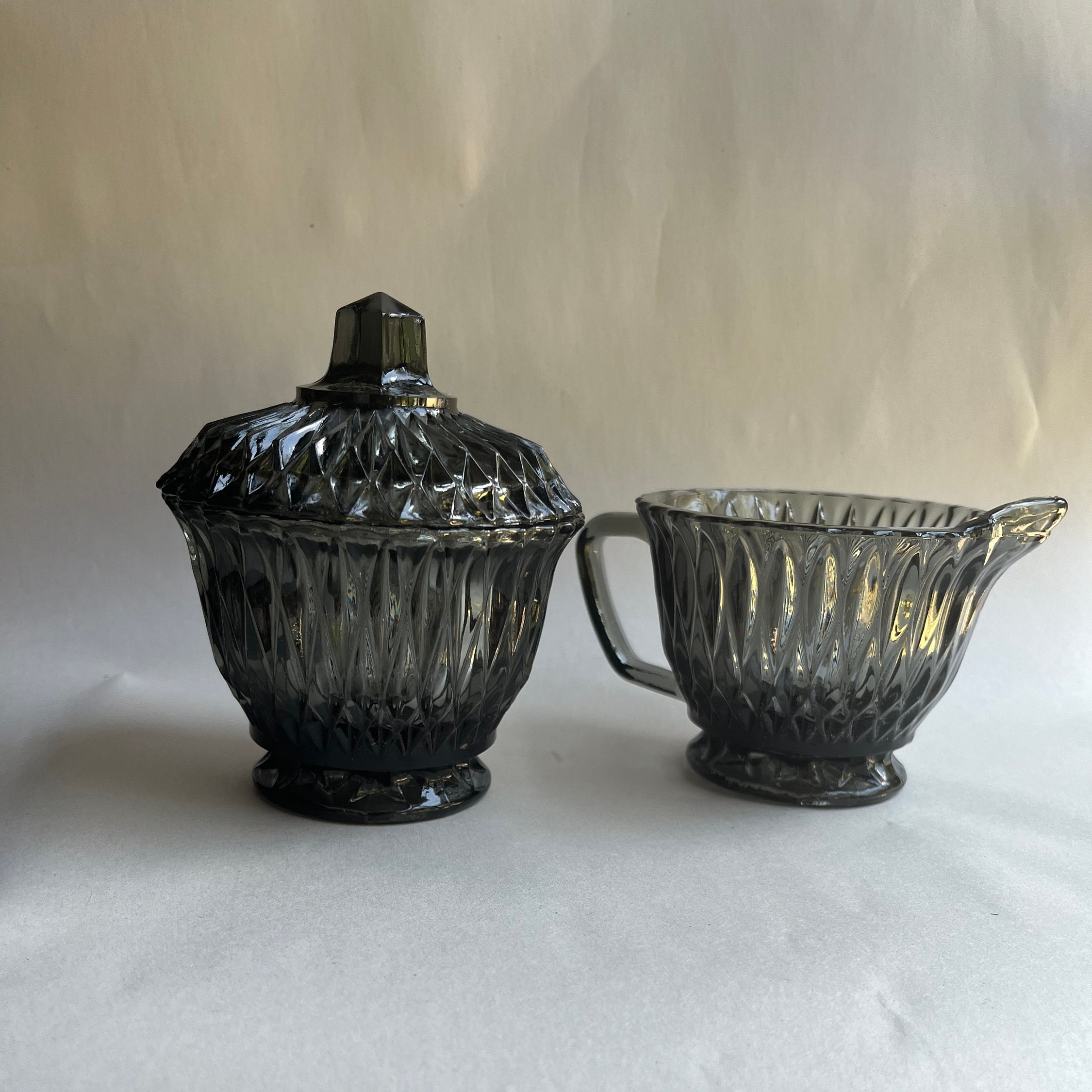 Vintage Libbey Glass Cream and Sugar Set: Smoke Gray Inverted Diamond