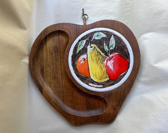 Vintage Fred Press Wood with Fruit Tile Apple Shaped Cheese Tray, Charcuterie Board