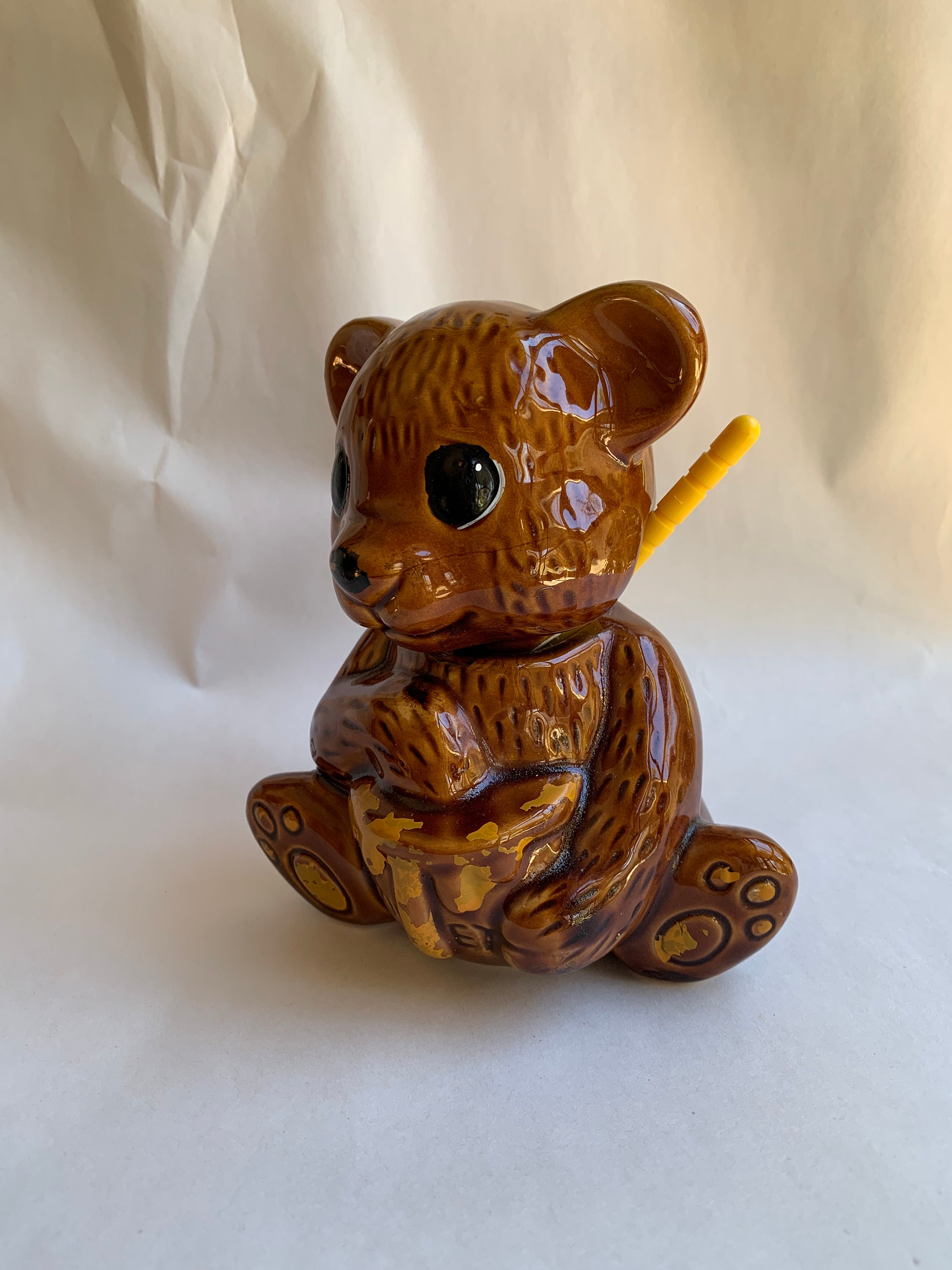 Vintage Ceramic Honey Bear Pot With Lid and Honey Dipper Stick