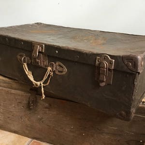 Antique Rustic Metal Stage Coach Trunk, Small Travel Chest,  Storage Box