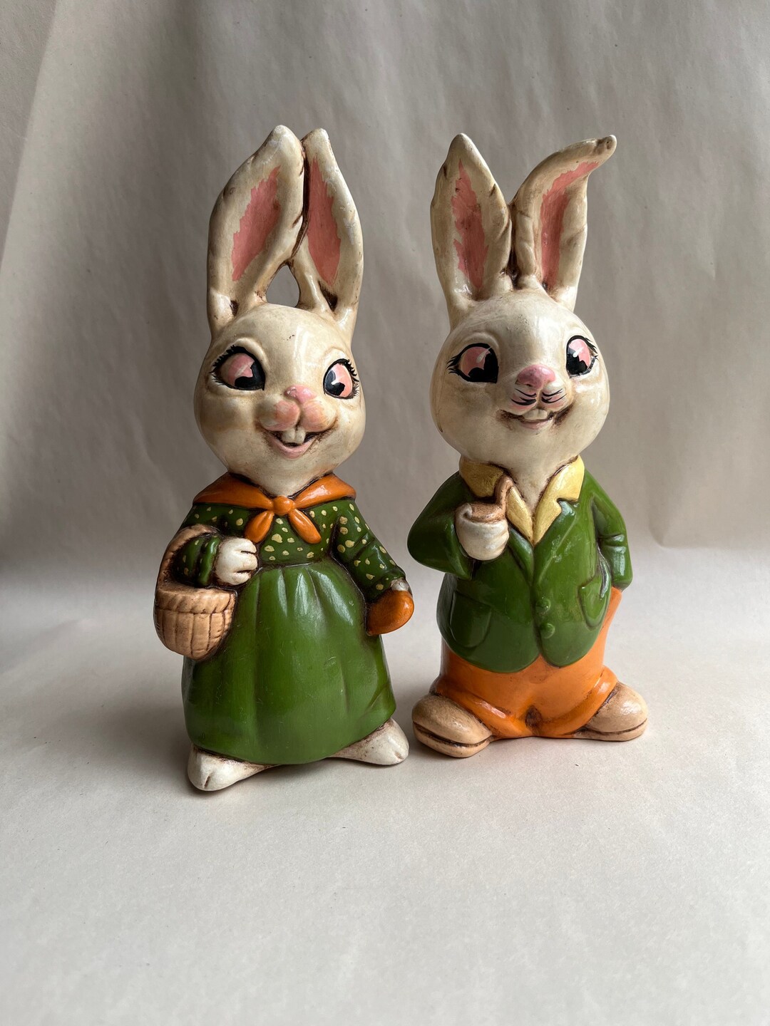 Vintage Whimsical Bunny Rabbit Couple, Kitschy Easter Rabbit Figures