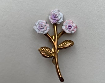 Midcentury Pink Rose Bouquet Gold Tone Brooch Vintage Floral Pin Flower Bouquet C-Catch
