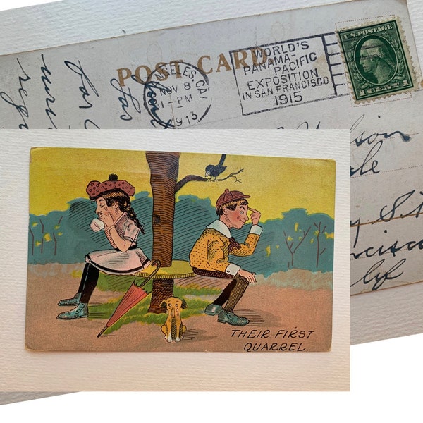 Their First Quarrel Humorous Illustrated Lithograph Antique Postcard San Francisco 1915 1913 Postmark Hotel York