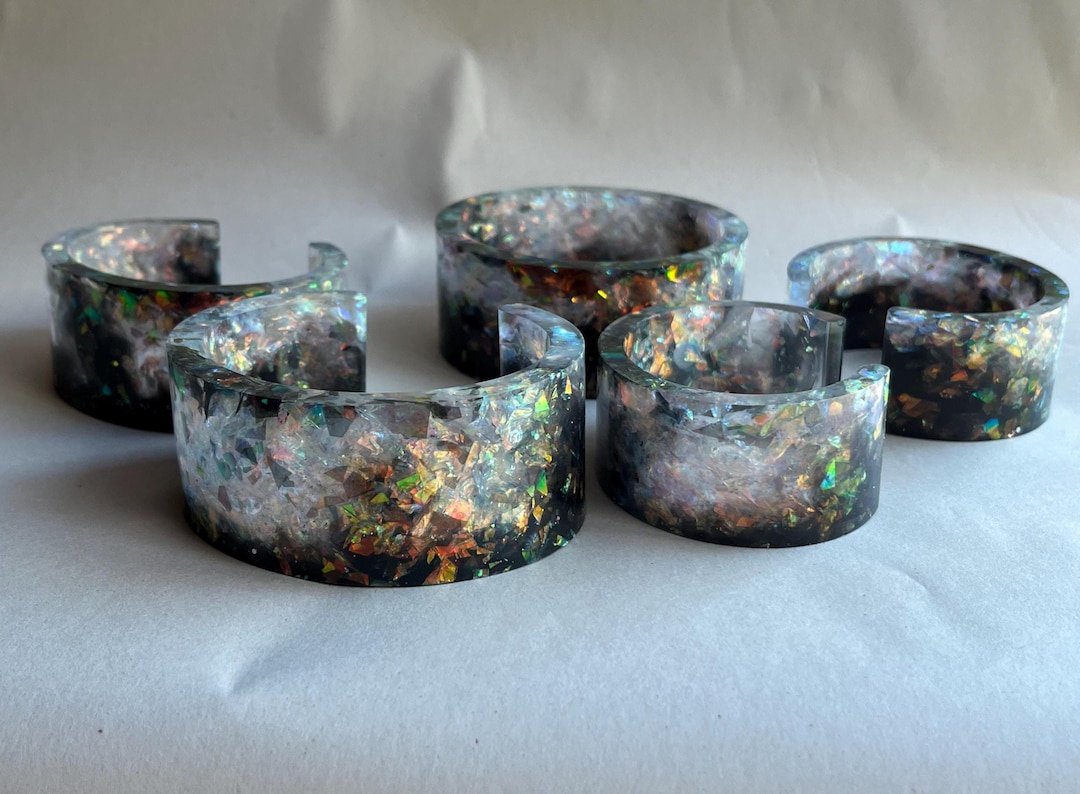 Black Ice Opal Iridescent Resin Cuff Bracelet Big Bangle Statement