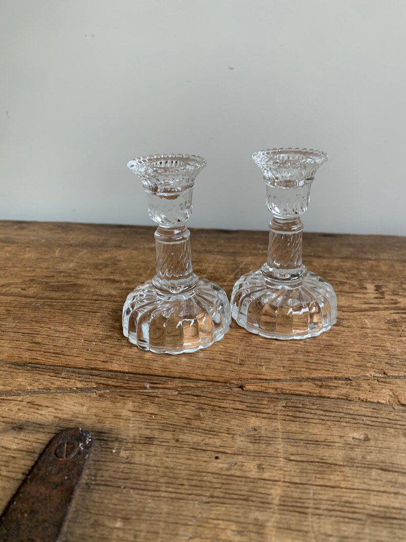 Antique Small Clear Glass Candle Stick Holders Etsy