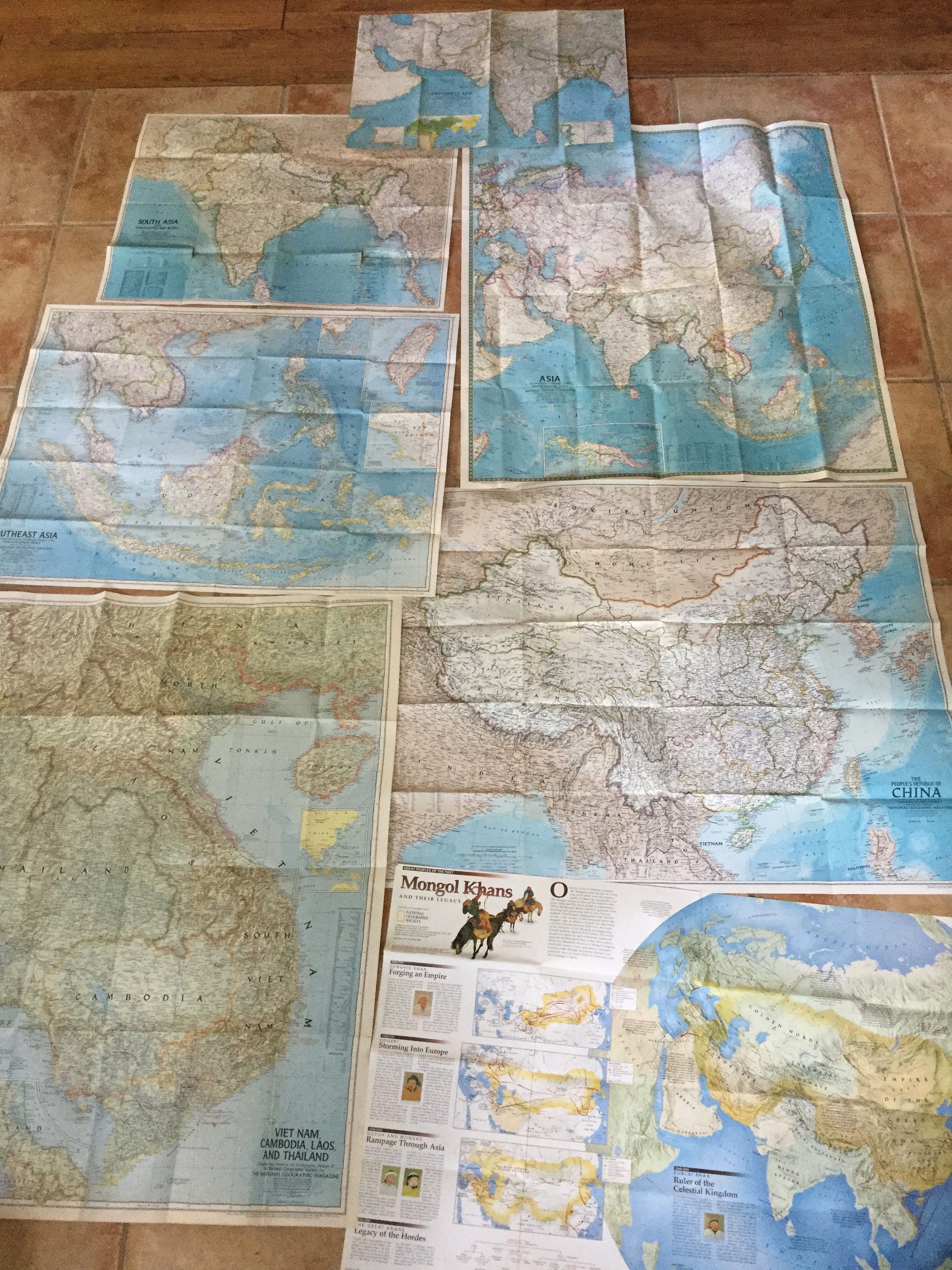 Large Vintage Folding Maps of Asia China by National Geographic Society Maps