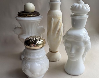 Vintage Avon Cologne Milk Glass Perfume Bottle Selection, Powder Shaker, Grecian Head, Urn, Vanity Perfume Bottles