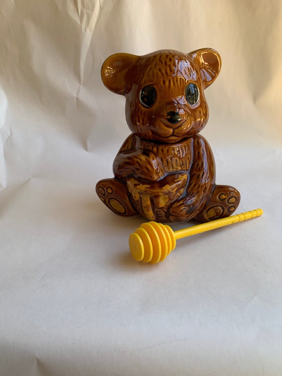 Vintage Ceramic Honey Bear Pot With Lid and Honey Dipper Stick