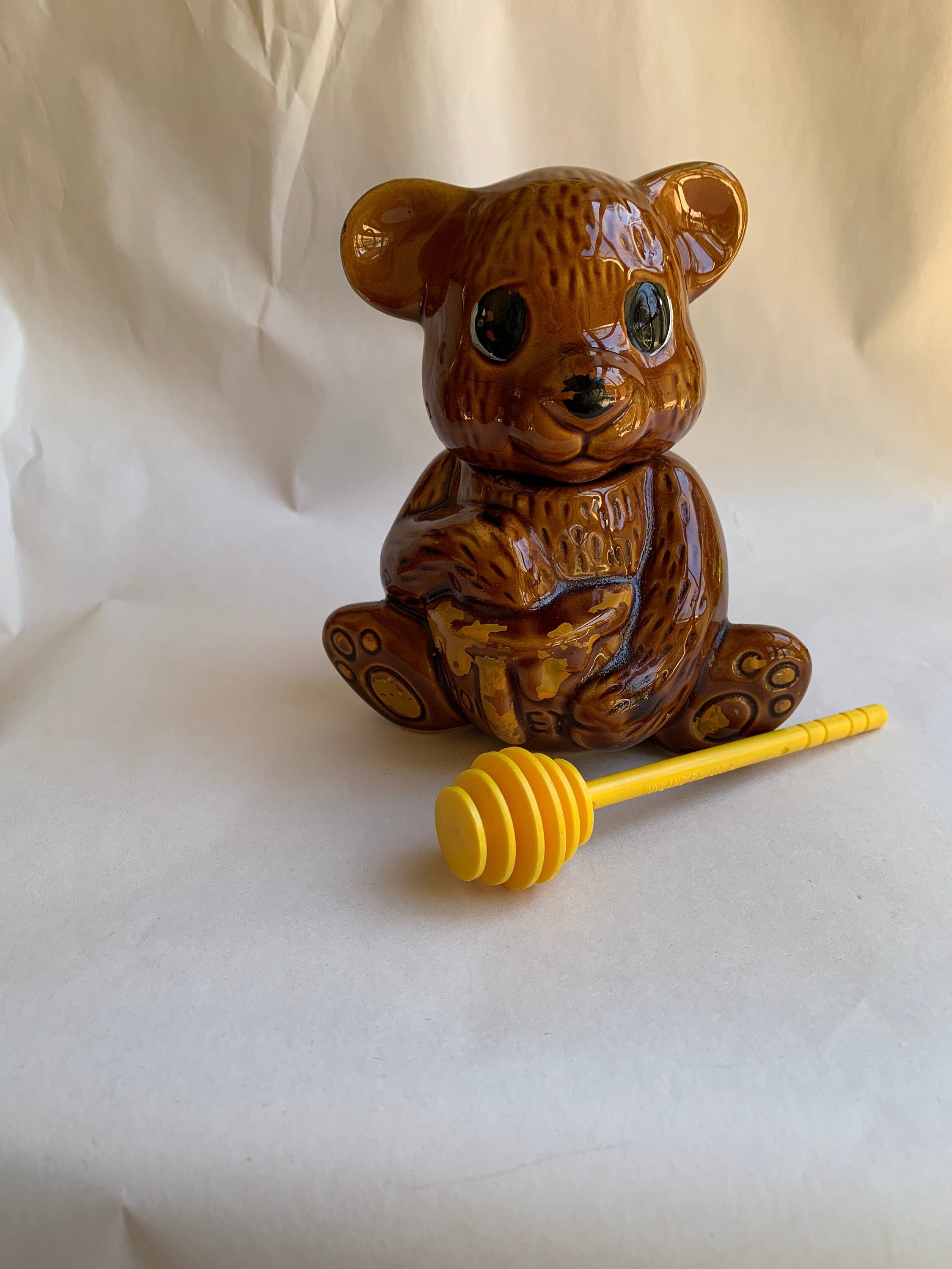Vintage Ceramic Honey Bear Pot With Lid and Honey Dipper Stick