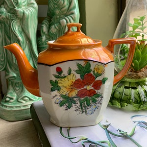 Vintage Japanese Floral Lusterware Teapot Orange Flower Tea Pot