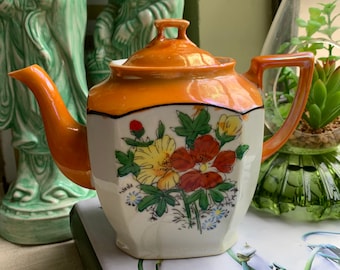 Vintage Japanese Floral Lusterware Teapot Orange Flower Tea Pot