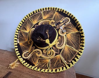Vintage Pigalle XXXXX Mexican Sombrero Black Velvet and Gold Mariachi Hat