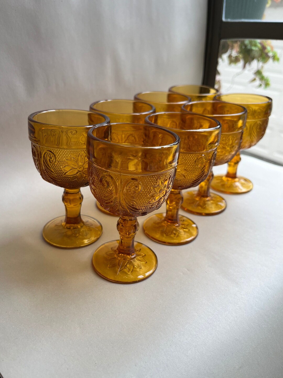 Vintage Amber Cordial Wine Glass Set Tiara Daisy Sandwich Pattern