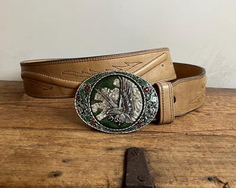 Vintage Leegin Leather Rodeo Belt: Eagle Buckle, Stitched Overlay