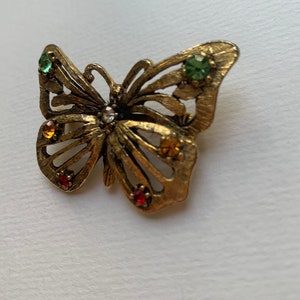 Midcentury Butterfly Multi Color Rhinestone Gold Brooch Vintage Pin Jewelry