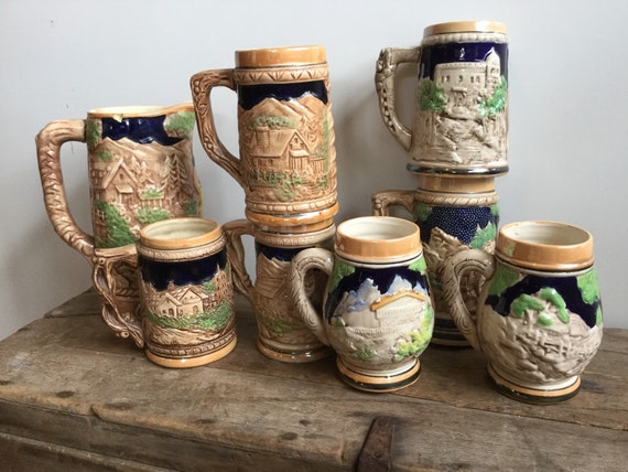 Vintage 1950s German Style Lusterware Beer Pitcher and Mugs Set