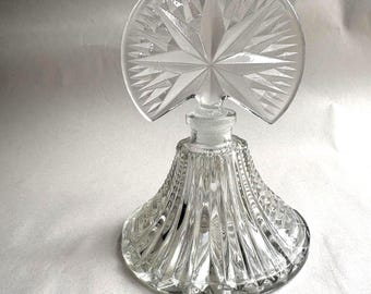 Vintage Pressed Glass Clear Perfume Decanter with Starburst Fan  Stopper