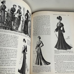 May include: Two black and white illustrations of women wearing dresses from the early 1900s. The first illustration shows a woman wearing a striped dress with a high collar and a long skirt. The second illustration shows a woman wearing a black dress with a high collar and a long skirt. The text in the image reads "Impressionism and the Edwardian Era".