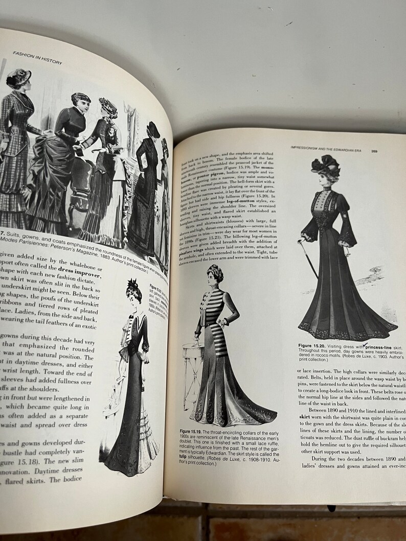 May include: Two black and white illustrations of women wearing dresses from the early 1900s. The first illustration shows a woman wearing a striped dress with a high collar and a long skirt. The second illustration shows a woman wearing a black dress with a high collar and a long skirt. The text in the image reads "Impressionism and the Edwardian Era".