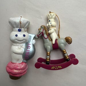 Vintage 1998 Pillsbury Doughboy Kurt Adler Christmas Ornament Icing Cupcake and TPC 1999 Rocking Horse Doughboy
