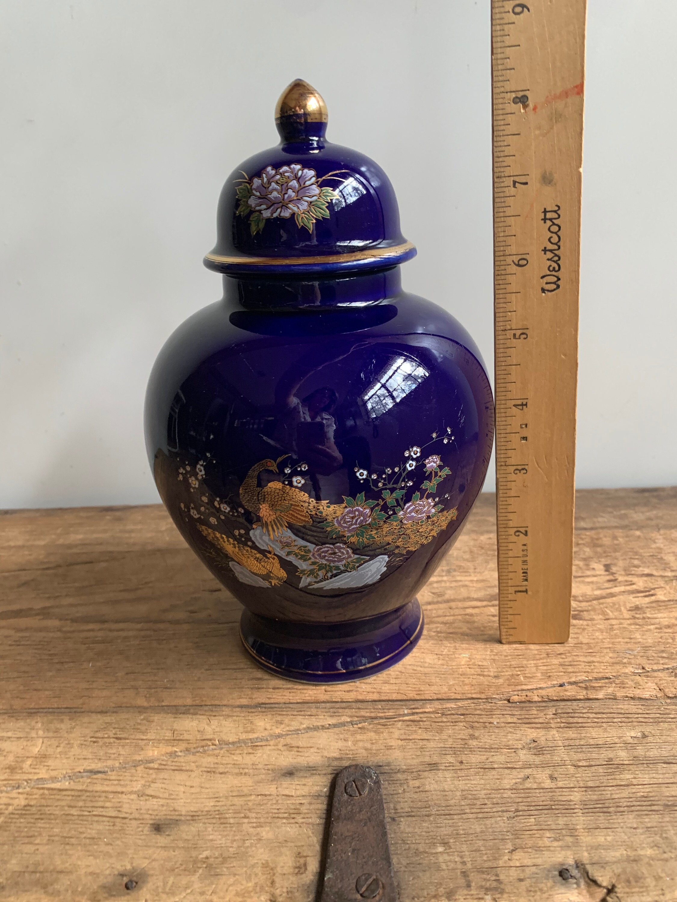 Vintage Cobalt Blue Peacock and Chrysanthemum Japanese Porcelain
