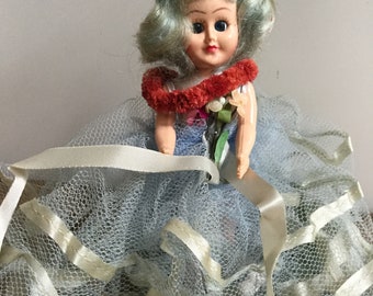 Rare 1940s Storybook Doll: Blue Hair, Hawaiian Lei, 6" Vintage