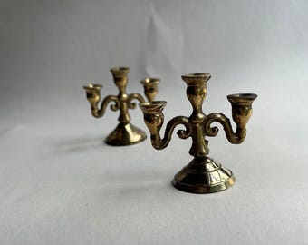 Vintage Dollhouse Miniature Brass Candelabra, Mini Doll Sized Candle Holder