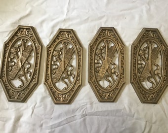 Vintage Syroco Ornate Gold Regency Wall Hanging Set of 4 with Royal Scepter Design