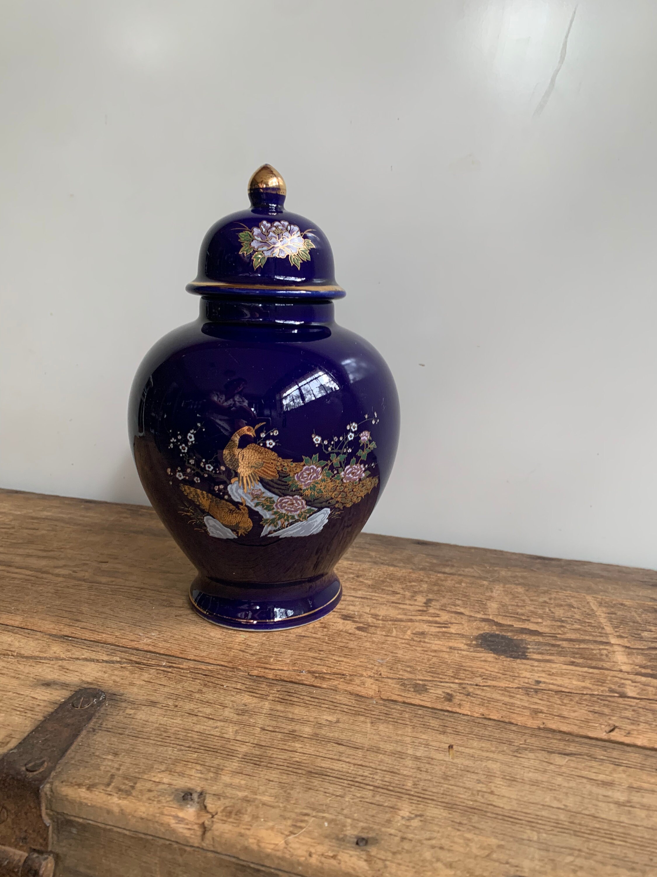 Vintage Cobalt Blue Peacock and Chrysanthemum Japanese Porcelain