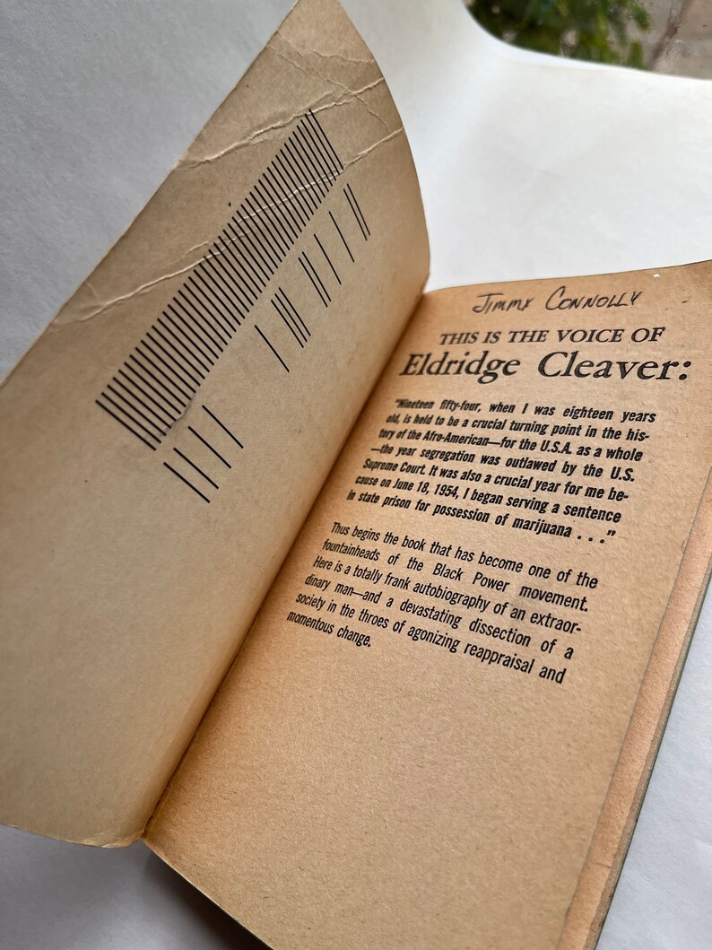 May include: A close-up of a book titled "This is the Voice of Eldridge Cleaver" by Jimmy Connolly. The book cover is a light brown color with black text. The text on the cover reads: "Nineteen fifty-four, when I was eighteen years old, is held to be a crucial turning point in the history of the Afro-American for the U.S.A. as a whole -the year segregation was outlawed by the U.S. Supreme Court. It was also a crucial year for me because on June 18, 1954, I began serving a sentence in state prison for possession of marijuana..."