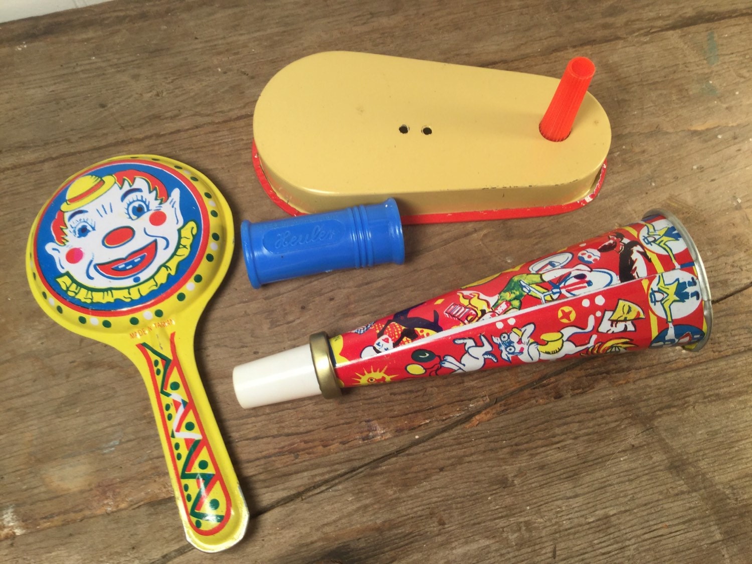 Vintage Tin Litho Circus Party Favors Noise Makers German Whistle