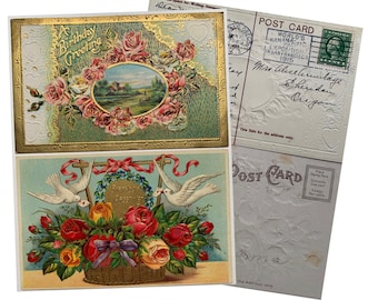 Embossed Antique Floral Birthday Greeting Postcard Set Postmark Portland Oregon 1913