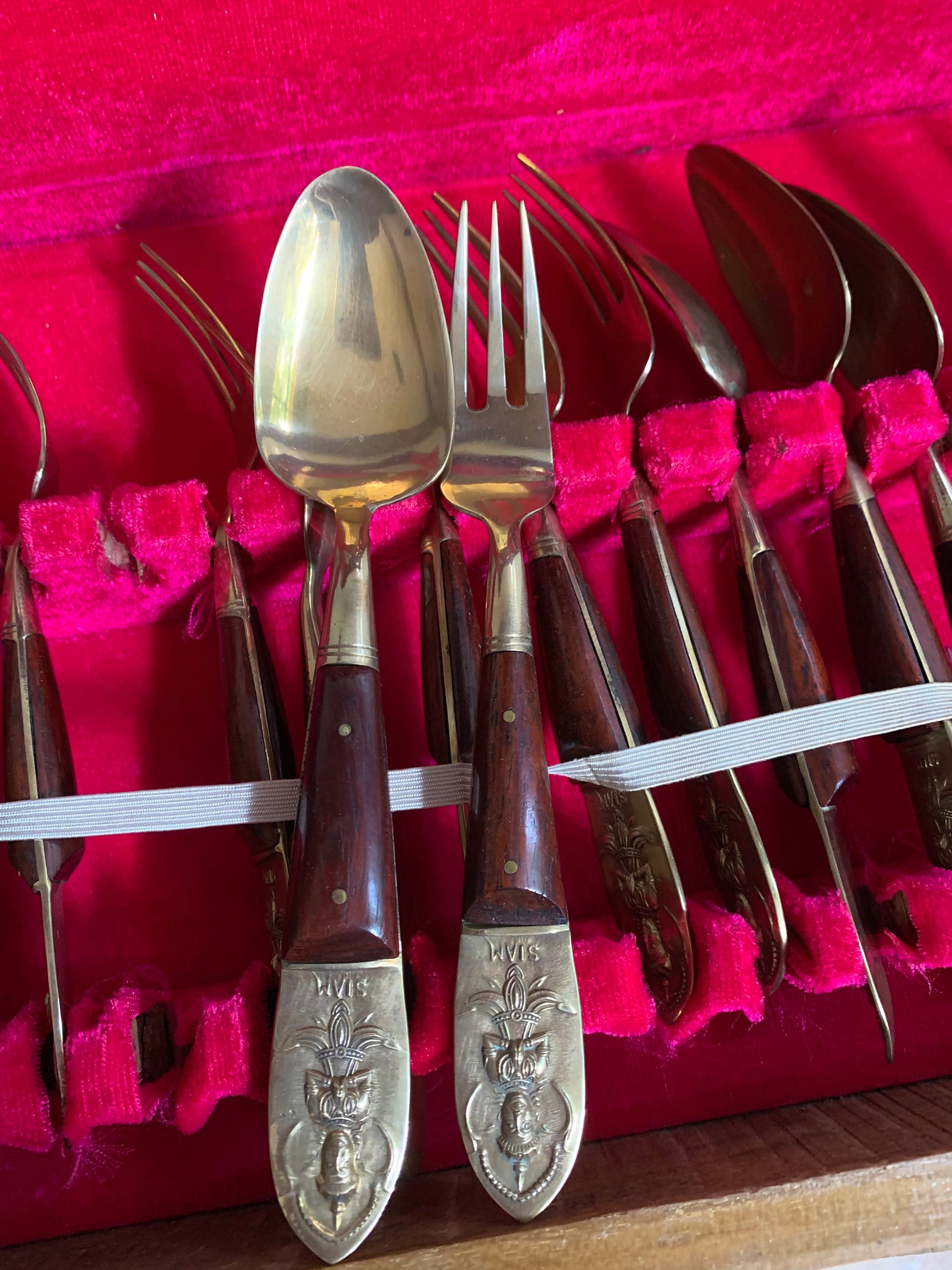 Midcentury Siam Bronzeware Dessert Flatware Set - Teak Wood