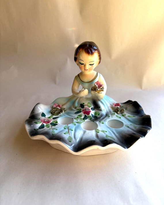 Kitschy Vintage Ceramic Girl Lipstick Holder Blue Figurine by ArnArt, Japan Kitsch Vanity Decor