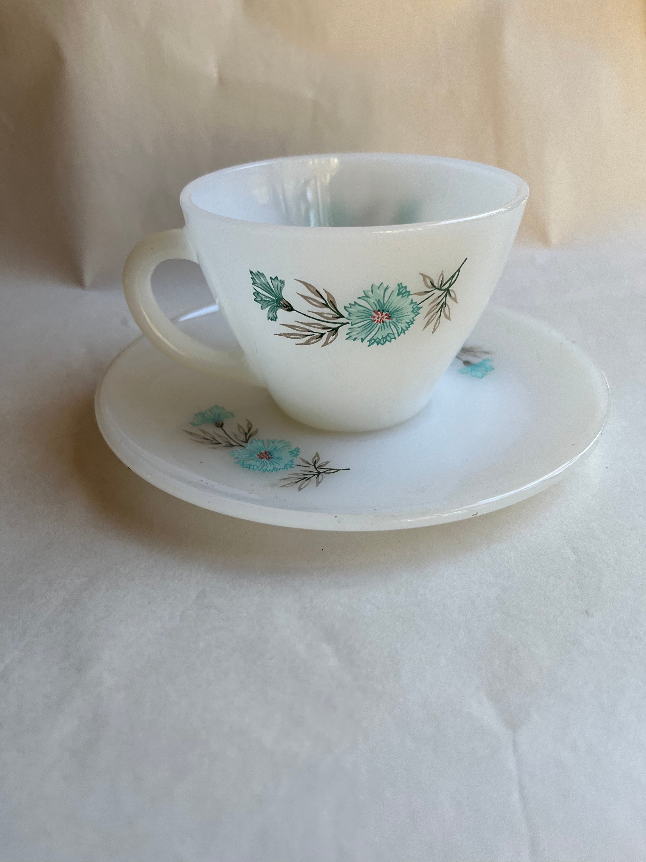 Vintage Fire King Bonnie Blue Flower Milk Glass Cup and Saucer Set 