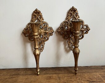 Vintage Rococo Filigree Style Gold Tone Wall Sconce Pair, Candle Stick Holder, Hollywood Regency Decor